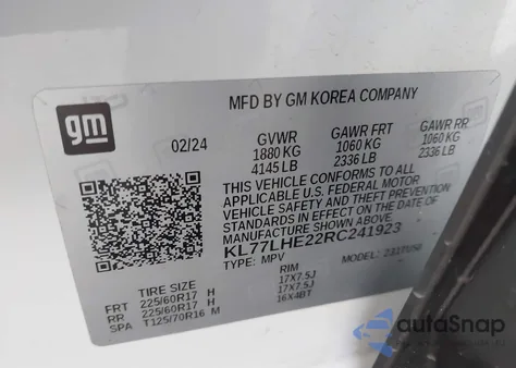 2024 Chevrolet Trax Fwd Lt z USA, uszkodzony, nr VIN KL77LHE22RC241923